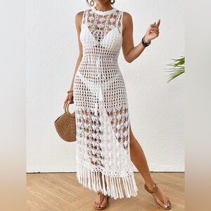 Boho White Fringe Crochet Cover Up